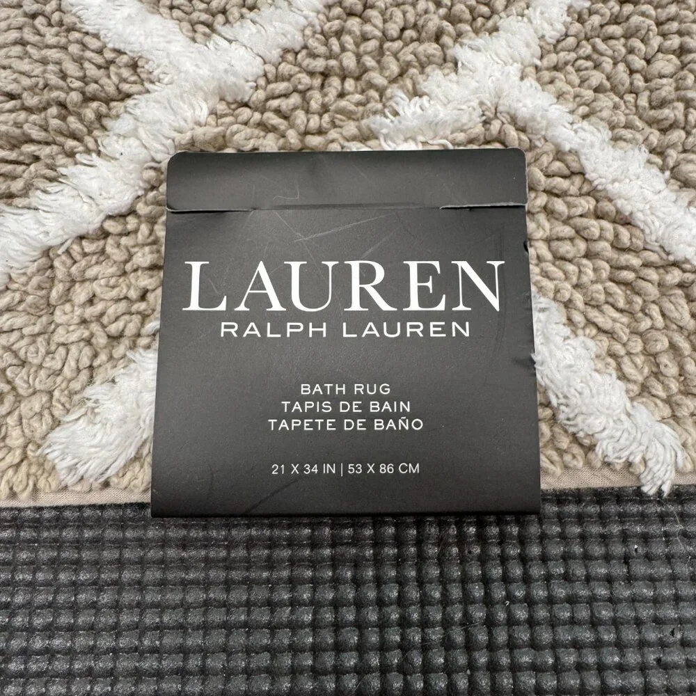 Ralph Lauren 21 x 34 Bath Rug Mat Cotton Beige Tan Geometric Striped Diamonds